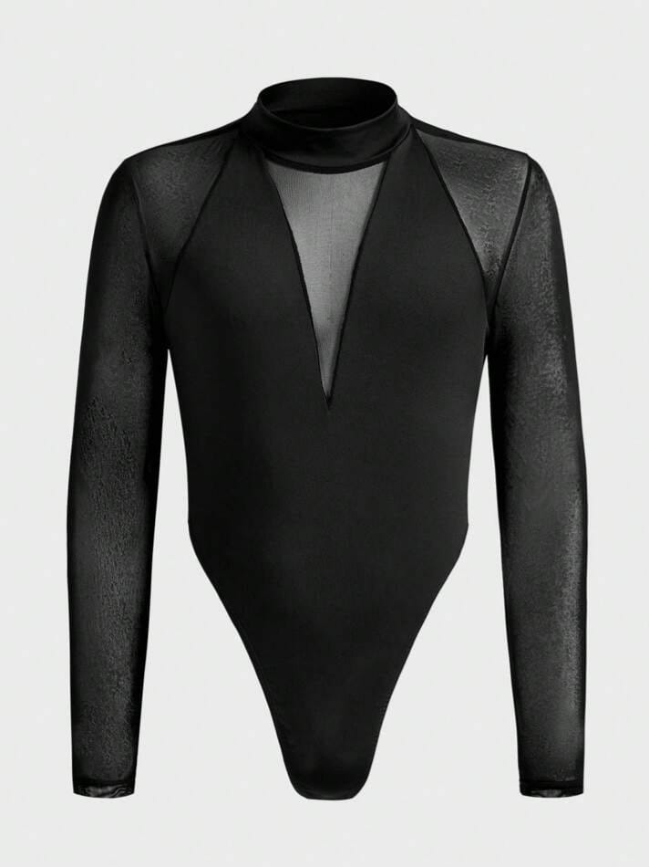 Uptown Funky Men's Mesh Patchwork Sheer See-Through Bodysuit